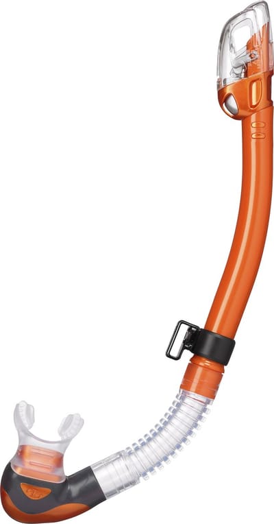 TUSA Hyperdry Elite II – Premium snorkel met droogtop systeem en hypoallergene siliconen mondstuk – Oranje/Transparant – SP0101 EO