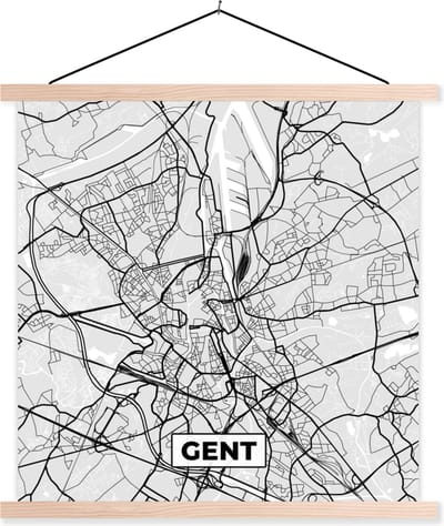 Posterhanger incl. Poster 40x40 cm - Schoolplaat - Kaart – Plattegrond – Stadskaart – Gent – België – Zwart Wit - Textielposter - Blanke latten - Stadskaart