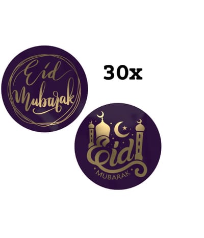 30 Stickers Eid Mubarak Paars met goud