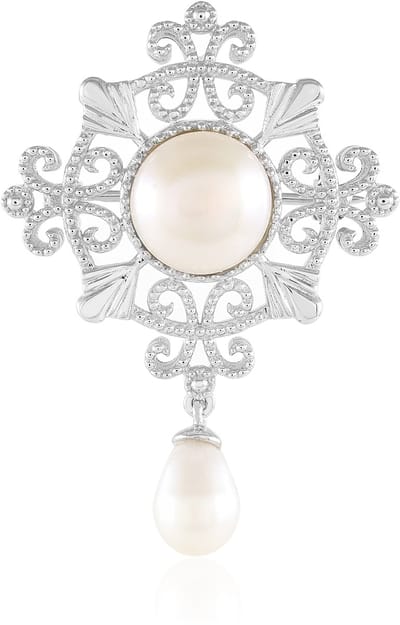 Cavill - Zilveren broche - 925 Sterling zilver gerhodineerd - Witte zoetwater kweekparel 10 mm & fancy 8x6 mm - Elegant, tijdloos damesaccessoire