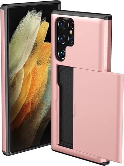Hoesje met Kaarthouder Slider Geschikt voor Samsung Galaxy S23 Ultra | Pasjeshouder Achterkant | Kaarthouder voor twee á drie pasjes | Roze Goud