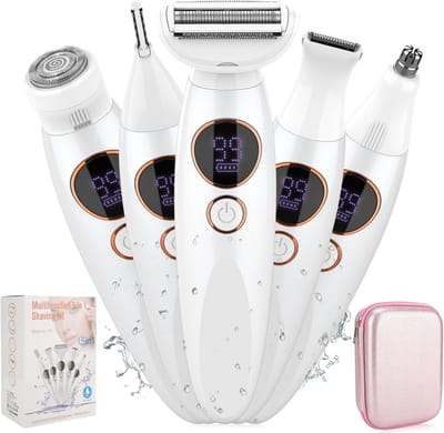 5-in-1 Bikinittrimmer voor Dames - IPX7 Waterdicht Draadloos Verwisselbare Opzetstukken - Pijnvrije Ontharing voor Armen, Benen, Oksels & Gezicht - Wit - 1 Stuk