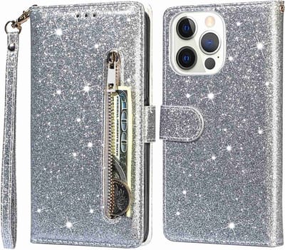 Portemonnee Hoesje - Wallet Case - Rits Sparkly Glitter - Telefoonhoes met Kord Geschikt voor: Apple iPhone 14 Pro Max - Zilver