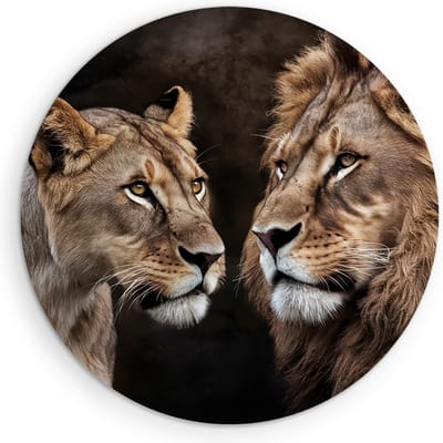 Saammp Muurcirkel Hout - Leeuwen koppel - Dieren - Natuur - Ø 90 - Wandcirkel - Wanddecoratie Cirkel - Muurdecoratie Woonkamer - Slaapkamer decoratie - Rond Schilderij