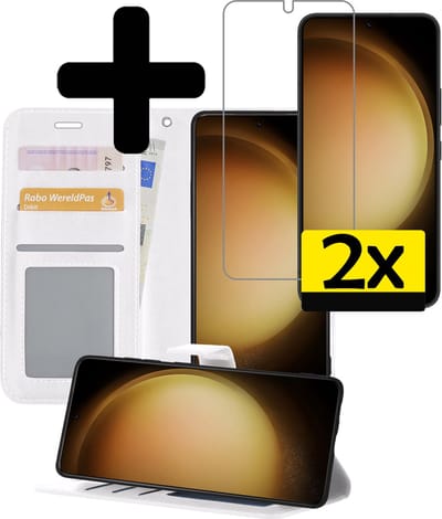 Hoesje - Met 2x Screenprotector - Geschikt voor Samsung Galaxy S23 Plus - Luxe Pasjeshouder - Bookcase Portemonee - Flip Case - Kunstleer Book Case - Flipcase Hoes - Book Cover - Walletcase - Portemonneehoes - Telefoonhoesjes - Wit