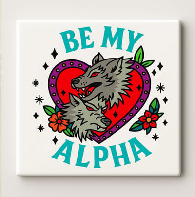 Be My Alpha Keramische Tegel 15x15cm – Stoer Wolf Hart Ontwerp – Uniek Cadeau voor Koppels, Valentijnsdag of Woondecoratie