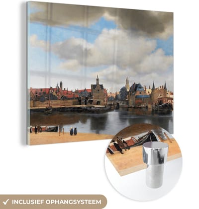 MuchoWow® Glasschilderij 120x90 cm - Schilderij acrylglas - Vermeer - Stad - Oude meesters - Kunst - Foto op glas - Schilderijen