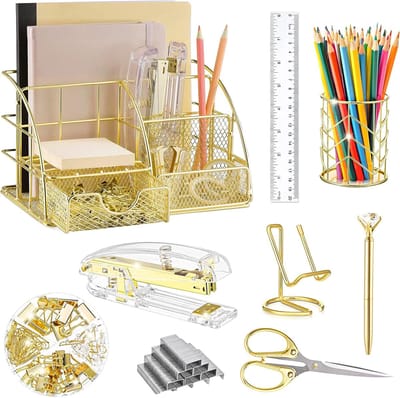 Bureau Organizer Set - Kantoor Accessoires - Bureau Opruimen - Compleet Metaal - 15x15x18 cm - Goud