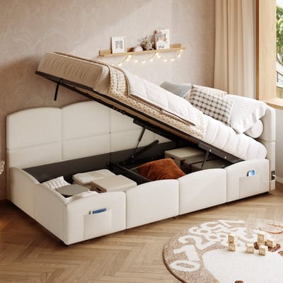 Gestoffeerd bed - kinderbed met opbergruimte - 90x200 cm slaapbank - met lattenbodem - USB-oplaadpoort - beige - exclusief matras