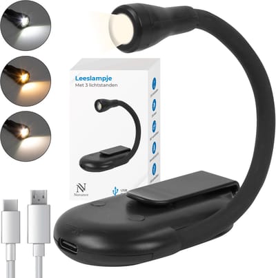 Nuvance - Leeslampje - Leeslamp met Klem - 3 Standen - voor Boek - USB C - Klemlampje - Zwart
