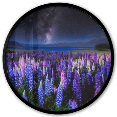 Poster in lijst Rond - Fotolijst 40x40 cm - Posters - Bloemen - Nacht - Lupine - Sterrenhemel - Paars - Natuur - Ronde posterlijst zwart - Decoratie - Wanddecoratie woonkamer - Muurdecoratie slaapkamer
