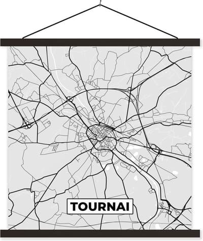 Posterhanger incl. Poster 60x60 cm - Schoolplaat - Zwart Wit – België – Plattegrond – Stadskaart – Kaart – Tournai - Textielposter - Zwarte latten - Stadskaart