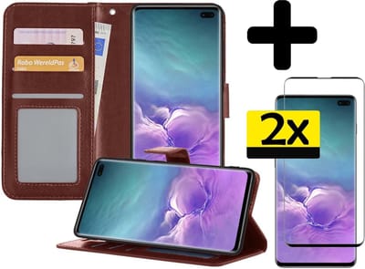 Hoesje - Met 2x Screenprotector - Geschikt voor Samsung Galaxy S10 - Luxe Pasjeshouder - Bookcase Portemonee - Flip Case - Kunstleer Book Case - Flipcase Hoes - Book Cover - Walletcase - Portemonneehoes - Telefoonhoesjes - Bruin