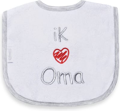 Funnies geborduurd tekst slabbetje: Ik hartje oma (rood)