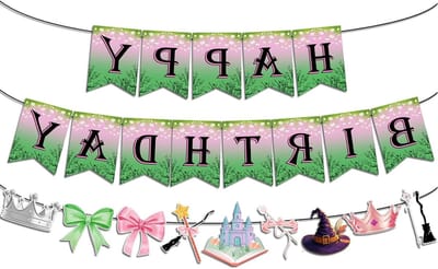 Feestdecoraties in Roze en Groen, Verjaardagsbanner, Themafeest Versieringen met Kroon, Heksenhoed en Strik voor Halloween en Kinderfeestjes