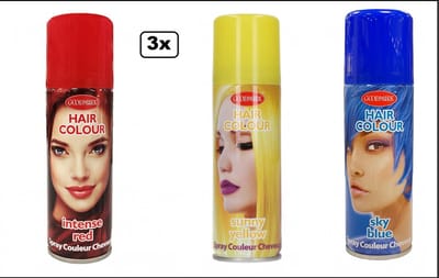 3x Haarspray rood/geel/blauw 125 ml