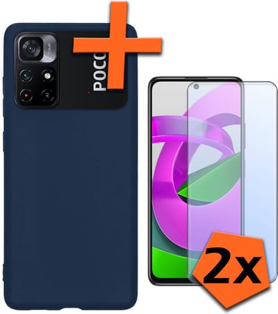 Hoes - Met 2x Screenprotector - Geschikt voor Xiaomi Poco M4 Pro 5G - Sterk & Shockproof - Back Cover - Siliconen Case - Telefoon Hoes - Donkerblauw