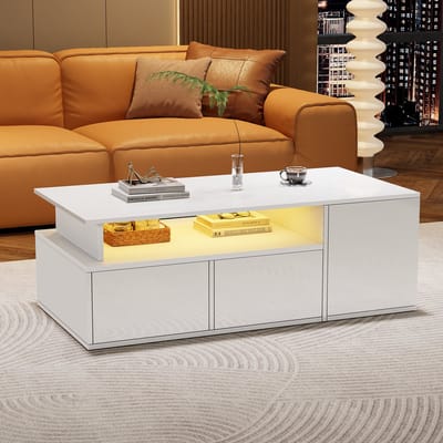 Wishdor Salontafel 100 x 50 x 35 cm van spaanplaat, wit hoogglans, met LED-sfeerverlichting, 2 lades en opbergruimte