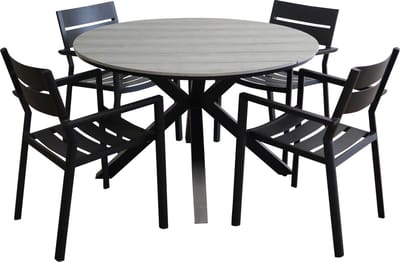 5-delige ronde tuinset | 4 Delia stapelbare tuinstoelen (Black) | ⌀ 120cm Cyprus tuintafel (Grey)