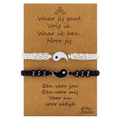 Vriendschapsarmbandjes voor 2 "Waar jij gaat, volg ik" - Yin Yang - BFF Armbandjes met Cadeau Kaartje - Zwart & Wit - Elastisch Verstelbaar - Pax Amare