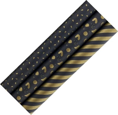 ZWARTE PAREL assortiment 100% Recycled 70 Gr/m2 cadeaupapier inpakpapier met goudkleurig design - 70 cm x 2 meter - 6 rollen