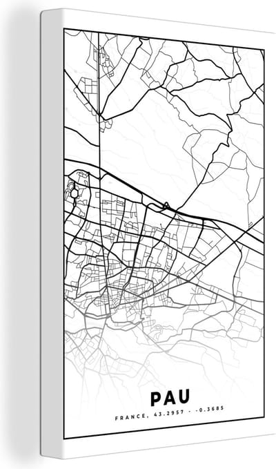 Canvas Schilderij Kaart - Stadskaart - Pau - Frankrijk - Plattegrond - Zwart wit - 20x30 cm - Wanddecoratie