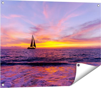 Gards Tuinposter Zeilboot Silhouet bij Zonsondergang - 80x60 cm - Tuindoek - Tuindecoratie - Wanddecoratie buiten - Tuinschilderij