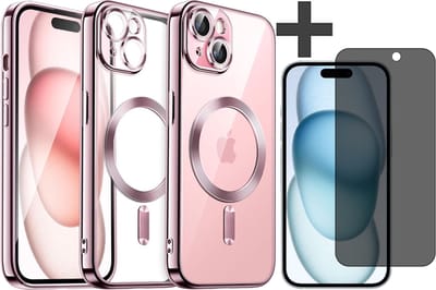 Hoesje met Privacy Screenprotector Geschikt voor iphone 15 Plus Hoesje - Geschikt voor MagSafe - Arara siliconen Backcover - Rosegoud