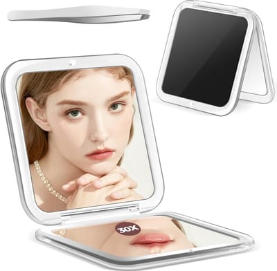 Compacte spiegel - 30x vergrotende spiegel - zakspiegel voor in de handtas - reismake-upspiegel met 30x/1x vergroting - onmisbare reisspiegels - precisiepincet, cadeau voor meisjes - zwart
