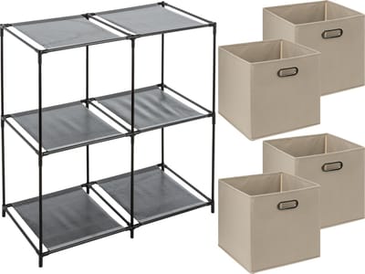 5Five Kastmandjes/opberg manden - beige - 4x stuks van 29 Liter - Metalen rekje is 67 x 68 cm