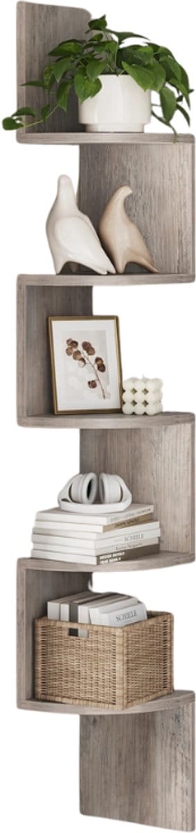 Zwevende wandplank -Hoekplank - 5 niveaus- Ruimtebesparende Opslag voor Boeken, Foto's, Planten-Greige.