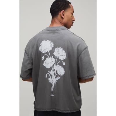 Antraciet Oversized Boxy T-shirt Met Zichtbare Naden Bloemenprint En Spray Wash | Grey | Size XS