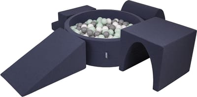 KiddyMoon schuimspeelplaats met rond ballenbad (200 ballen) ballenbakken voor baby's speelbad hindernisbanen, made in the eu, donkerblauw:wit/grijs/mint