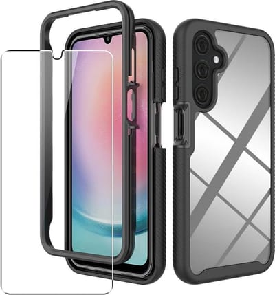 Geschikt voor Samsung Galaxy A25 5G - Volledige Behuizing Met Glazen Screenprotector - Back Cover Hoesje - Zwart