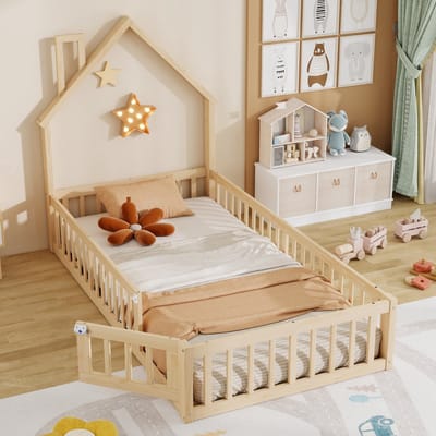 Huisbed - kajuitbed 90 x 200 cm - kinderbed in schoorsteenvorm - met lattenbodem - zonder matras - houtkleur