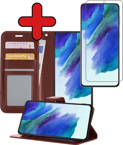 Hoesje - Met Screenprotector - Geschikt voor Samsung Galaxy S21 FE - Luxe Pasjeshouder - Flipcase - Bookcase Portemonee - Flip Case - Kunstleer Book Case - Book Cover - Walletcase - Portemonneehoes - Telefoonhoes - Bruin