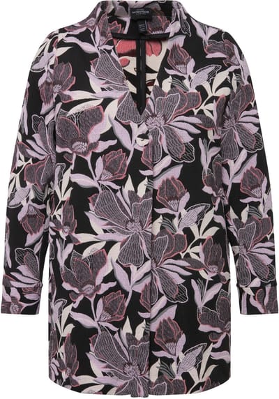 Ulla Popken - Dames - Jacquard jas bloemen goblet kraag - Zwart - Maat 42+