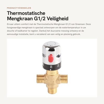 Dailygoods- Thermostatische Mengkraan - Duurzaam Messing - 15 mm Inlaat - Temperatuurregeling tot 42 °C - Lekvrije Constructie - Eenvoudig te Installeren
