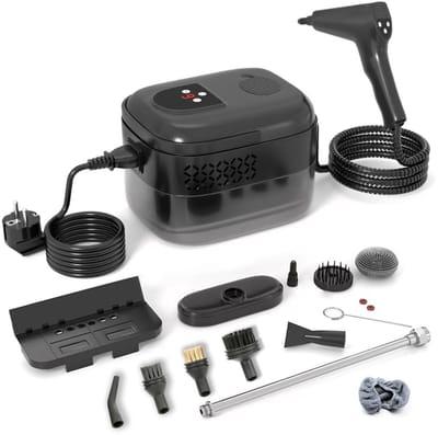 stoomreiniger met 16 stuks accessoires, 2500 W, 1400 ml (1,8 quart) reservoir, draagbare handstoomreiniger met 6 instelbare niveaus, stoomreiniger met opwarmtijd van 15 seconden voor thuis, in de auto en in de keuken (zwart,)