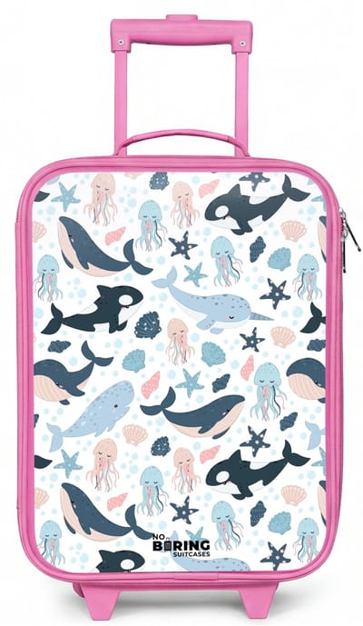 NoBoringSuitcases.com® - Kinderkoffer roze - Kindertrolley meisje - Oceaan dieren kleurrijk - Koffer kind lichtgewicht - Reiskoffer trolley voor kinderen - Koffertje met lichtgevende wieltjes - Rolkoffer