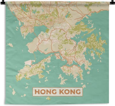 Wandkleed - Wanddoek - Kaart - Hong Kong - Stadskaart - Vintage - Plattegrond - 180x180 cm - Wandtapijt