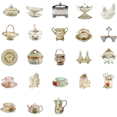 46 Stuks Thee Stickers Zelfklevend Retro Verschillende Stijlen Schattig Verfijnd Koffie Stickers voor Journaling Scrapbooking beige