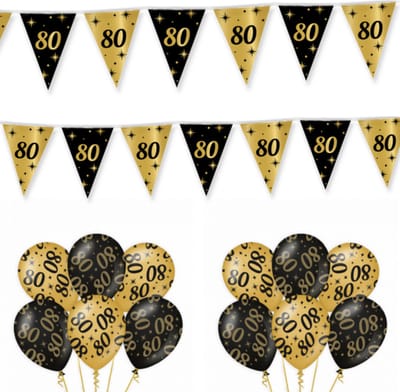 80 Jaar Versiering Classy Black-Gold Feestpakket - 80 Jaar Decoratie - Ballonnen En Slingers Zwart Goud