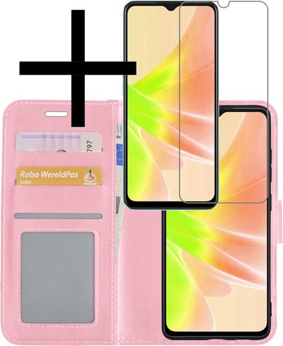 Hoesje - Met Screenprotector - Geschikt voor OPPO A17 - Luxe Pasjeshouder - Bookcase Portemonee - Flip Case - Kunstleer Book Case - Flipcase - Book Cover - Walletcase - Portemonneehoes - Lichtblauw