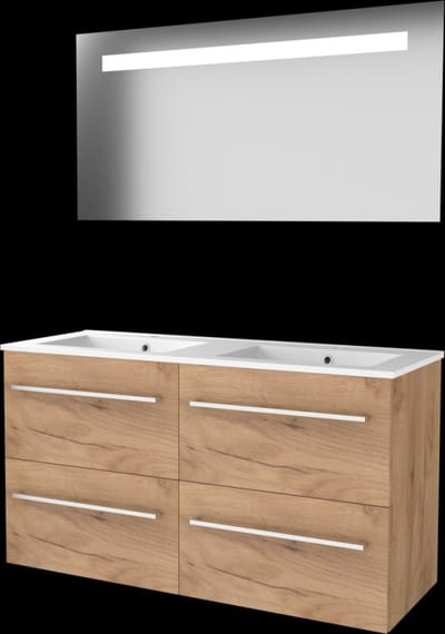 Basic-Line Economic 46 Badkamermeubelset - 120 x 46 cm - Met Grepen - 4 Lades - Keramische Wastafel - 2 Kraangaten - Spiegel met LED Verlichting - Whisky Oak