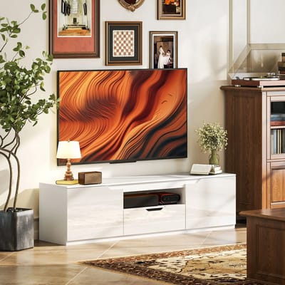 Pugsdrly tv-lowboard, hoogglans, voor tv's tot 65 inch, 3 vakken, lade, 160 x 38 x 43 cm, wit