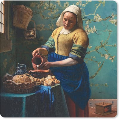 Muismat 20x20 cm - Mousepad Melkmeisje - Amandelbloesem - Van Gogh - Vermeer - Schilderij - Oude meesters - Muismatten