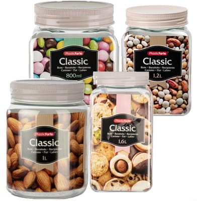 Plasticforte Voorraadpotten / weckpotten - 8x stuks - 800 ml - 1000 ml - 1200 ml - 1600 ml - kunststof - taupe