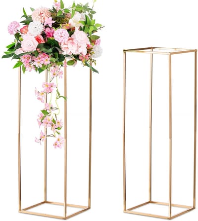Gouden Bruiloft Centerpieces Metalen Vazen - 2 Stuks Hoge Bloemstukken Display Rack Vloer Vaas Voor Bloemenstandaard Rechthoekige Tafel Middelpunt Stands Voor Bruiloften Verlovingsfeest, 80cm