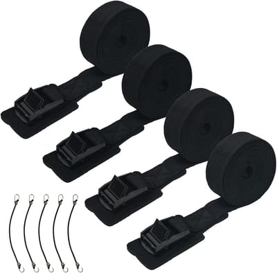 4 Spanbanden Set - Met klemgesp en bescherming, 250 kg belastbaarheid, inclusief 5 spanrubbers - Voor fietsendrager, motor, auto - Zwart, 2,5 cm x 2,5 m